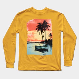 Palm Trees Sunset Tropical Beach Boat Seascape Graphic Long Sleeve T-Shirt